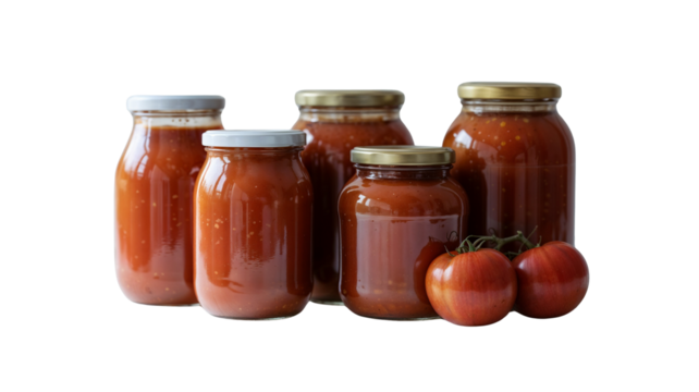 Five glass jars of homemade tomato sauce with silver and gold lids, arranged in varying sizes, accompanied by fresh tomatoes for a rustic kitchen vibe.