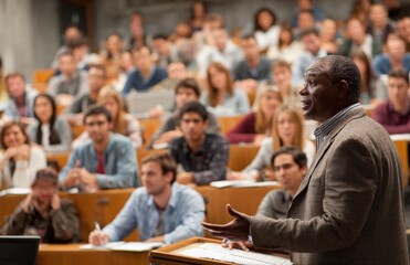 Obraz premium Professor giving lecture to university students in amphitheater