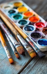 Fototapeta premium Paintbrushes and watercolor set resting on rustic wooden table