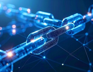 Abstract digital chain links, glowing, interconnected nodes