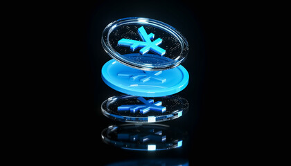 Futuristic blue transparent glass Yen Coins on dark background &ndash; 3D Digital Currency Concept