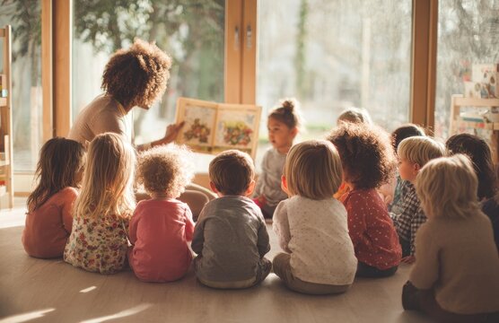 Teacher reading a story to children in preschool classroom