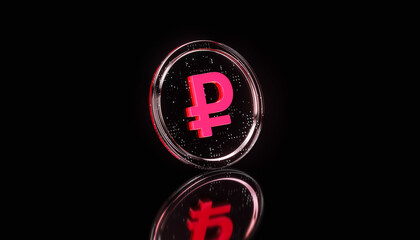 Futuristic red transparent glass Ruble Coin on dark background – 3D Digital Currency Concept