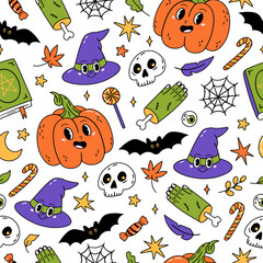 Naklejka premium Halloween seamless pattern with pumpkin, hat, bat . Hand drawn vector illustration for wrapping paper, textile, fabric.