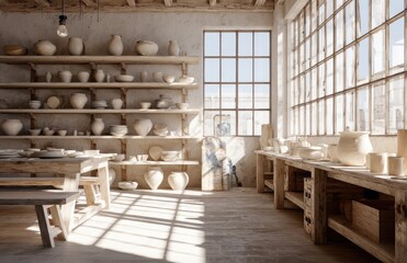 Pottery workshop displaying finished ceramic products on wooden shelves and table