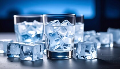 Chilled glasses of a clear alcoholic spirit on the rocks with ice cubes on a dark, reflective bar counter.