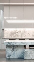Kitchen featuring marble accents, minimalist design, and clean, light surfaces