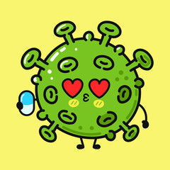 A cute cartoon coronavirus character with hearts for eyes, holding a pill.