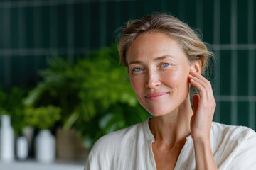 Beautiful mature woman gently touching her face, embracing natural beauty and healthy aging