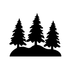 Obraz premium Three pine trees standing on a hill silhouetted against a white background