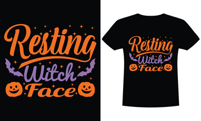 Resting Witch Face Halloween T-Shirt Design, Funny Witch Quote Typography with Pumpkins, Bats and Stars, Orange and Purple Halloween Graphic tee