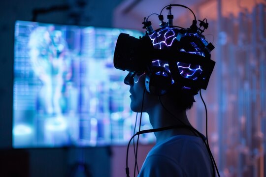 Scientist wearing brainwave reading headset and vr glasses interacting with data visualization