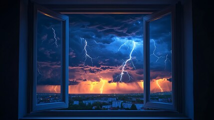 Obraz premium Stormy night view through open window