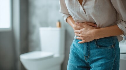 Woman Experiencing Abdominal Pain, Digestive Issues, or Menstrual Cramps in Bathroom Setting, Emphasizing Health and Wellness