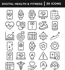 Digital health and fitness line art icon set collection vector illustration