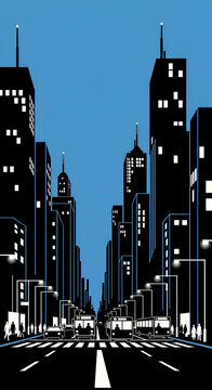 Fototapeta Stylized Cityscape with Buildings, Vehicles, and Pedestrians.