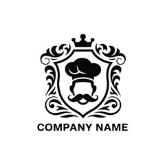 Elegant Chef Logo Design with Crown and Ornate Shield Elements