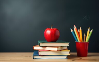 Apple On Stack Of Books With Pencils And Blank Chalkboard - Back To School. High quality