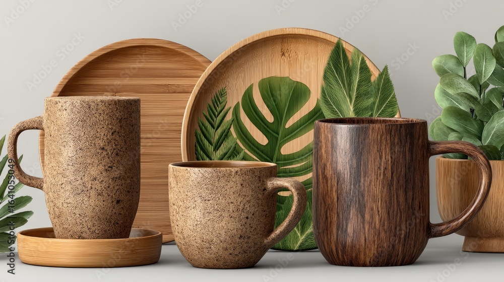 Poster a collection of wooden cups and plates with a leaf design. the cups and plates are arranged on a tab
