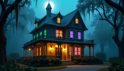 Victorian House Illuminated at Night With Colorful Windows Under a Full Moon Surrounded by Mist and Trees