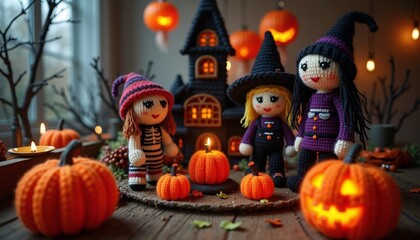 Crochet Witches and Pumpkins in Cozy Autumn Setting With Warm Candlelight