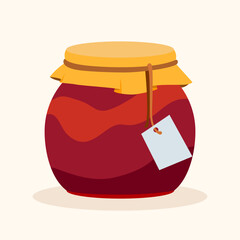 Jar of jam with tag and fabric cover. Autumn kitchen mood, homemade. For print, recipe cards, classroom materials and decor.