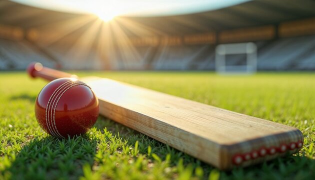Cricket bat and ball in golden light on grass field representing anticipation before match