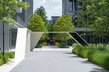 empty brick ground with modern building