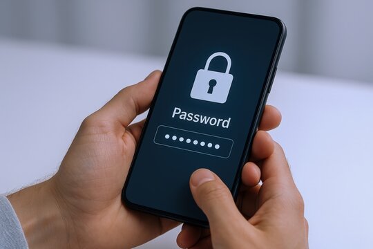 Entering Password on Smartphone for Security and Access, Two Hands Holding Device