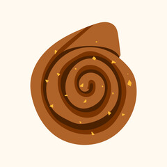 Cinnamon roll with spiral swirl and crumbs. Baking atmosphere, sweet treat mood. For print, recipe cards, cafe menus, classroom materials and decor.