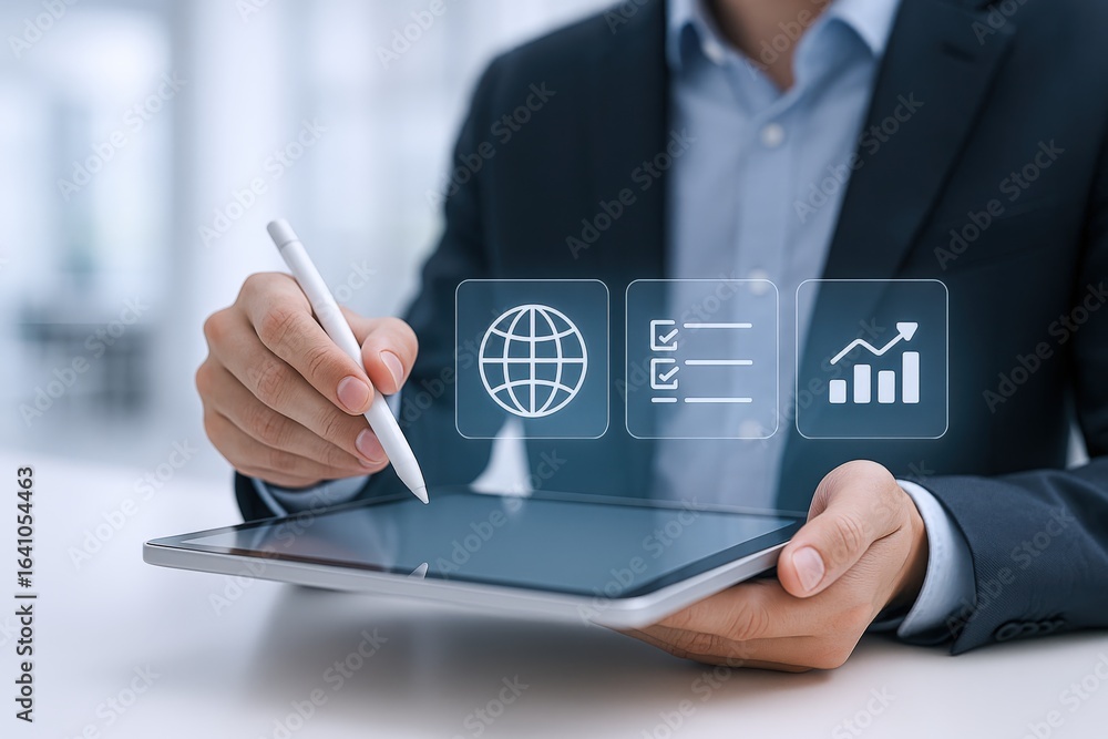 Poster businessman using tablet with virtual data visualization for global business strategy and financial 