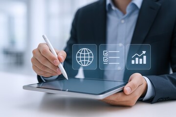 Businessman Using Tablet with Virtual Data Visualization for Global Business Strategy and Financial Growth