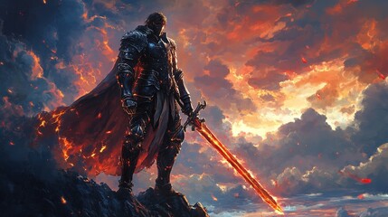 A fantasy swordsman in enchanted armor, standing on a cliff with a glowing sword, dramatic sky in the background.