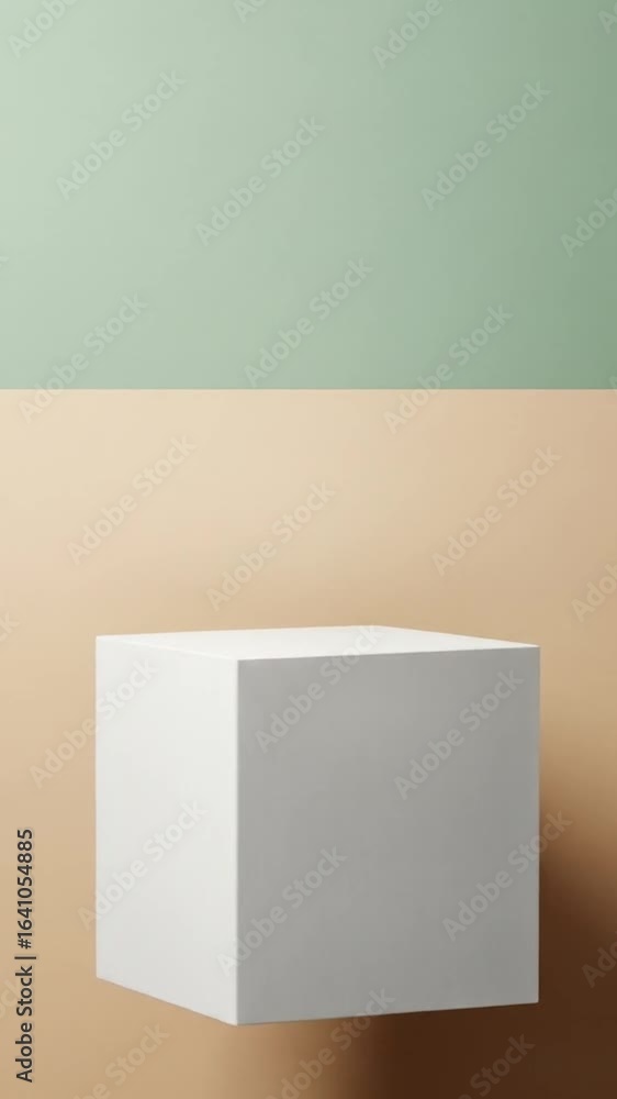 Poster minimalist white cube display on sage green and beige background geometric shape product podium with