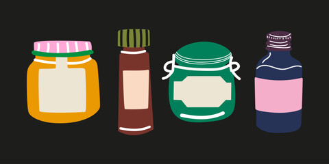 Set of colourful doodle glass jars for jam, conservation, spices, loose products in cartoon groovy style. Hand drawn bright kitchen glassware in retro 90s. Vector illustration