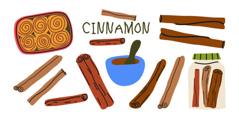 Cinnamon spices in sticks and powder. Cinnamon roll. Aromatic spices set in retro cartoon style. Hand drawn ingredients for baking, desserts, sweet food. Spices doodle groovy stickers
