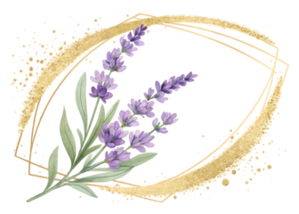  Golden glitter outline stroke with purple watercolor lavender flower plant splattered isolated on white background ,PNG.AI Generated.