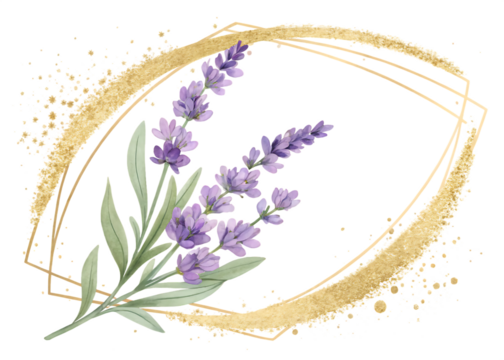  Golden glitter outline stroke with purple watercolor lavender flower plant splattered isolated on white background ,PNG.AI Generated. - Powered by Adobe