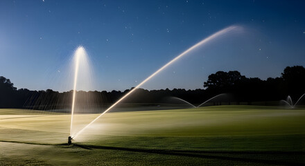 Golf Course Irrigation at Night: Sparkling Sprinklers Under a Starry Sky