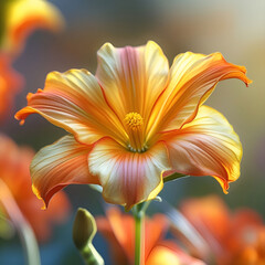 A close up of a flower with orange and yellow petals