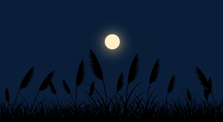 夜空に浮かぶ満月とススキの群れ