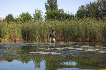 A man catches fish with a fishing rod while standing chest-deep in the water near the shore
