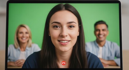 Young woman leading a business video conference with colleagues on a laptop screen in green screen