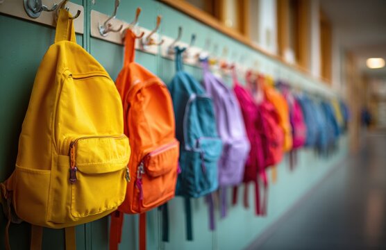 Colorful backpacks hanging in school hallway symbolizing back to school - Powered by Adobe