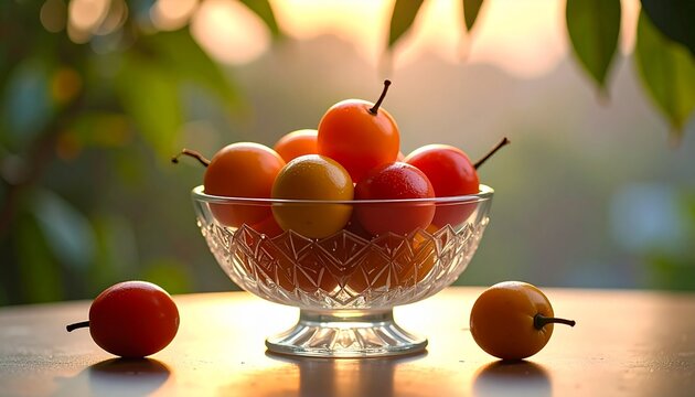 A delightful crystal bowl brimming with fresh, colorful cherry plums, beautifully illuminated by the warm glow of a golden sunset.