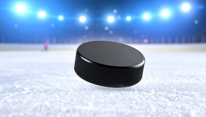 Close-up of a black ice hockey puck on a frozen ice rink under stadium lights, showcasing the texture and action of a professional hockey game.