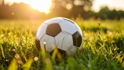 Classic black and white soccer ball rests amidst dewy green grass, bathed in the warm glow of the setting sun on a beautiful summer day, capturing a peaceful sports scene.