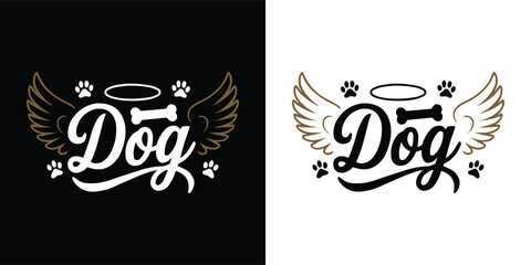 Dog angel wings halo and paw prints emblem in decorative script for pet memorial, apparel, and t shirt design © Vectyx
