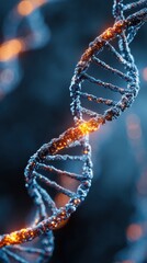 Abstract close-up of a vibrant DNA double helix structure glowing with bright energy and intricate details against a blurred blue background