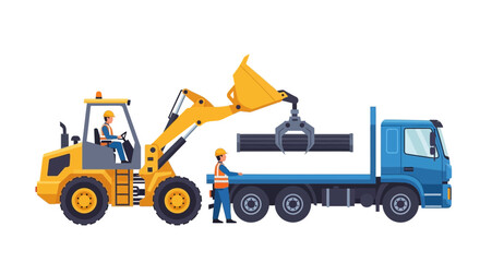 Naklejka premium Illustration showing a loader lifting construction materials onto a truck